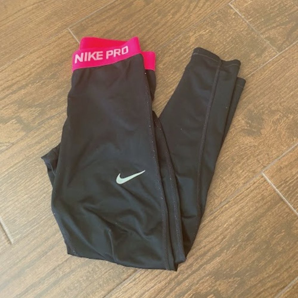 Nike Pro Black Leggings with Hot Pink Waistband